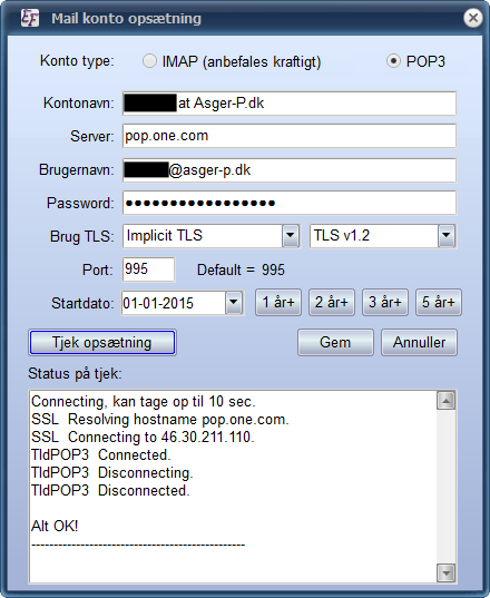 Billede af POP3 opsætning